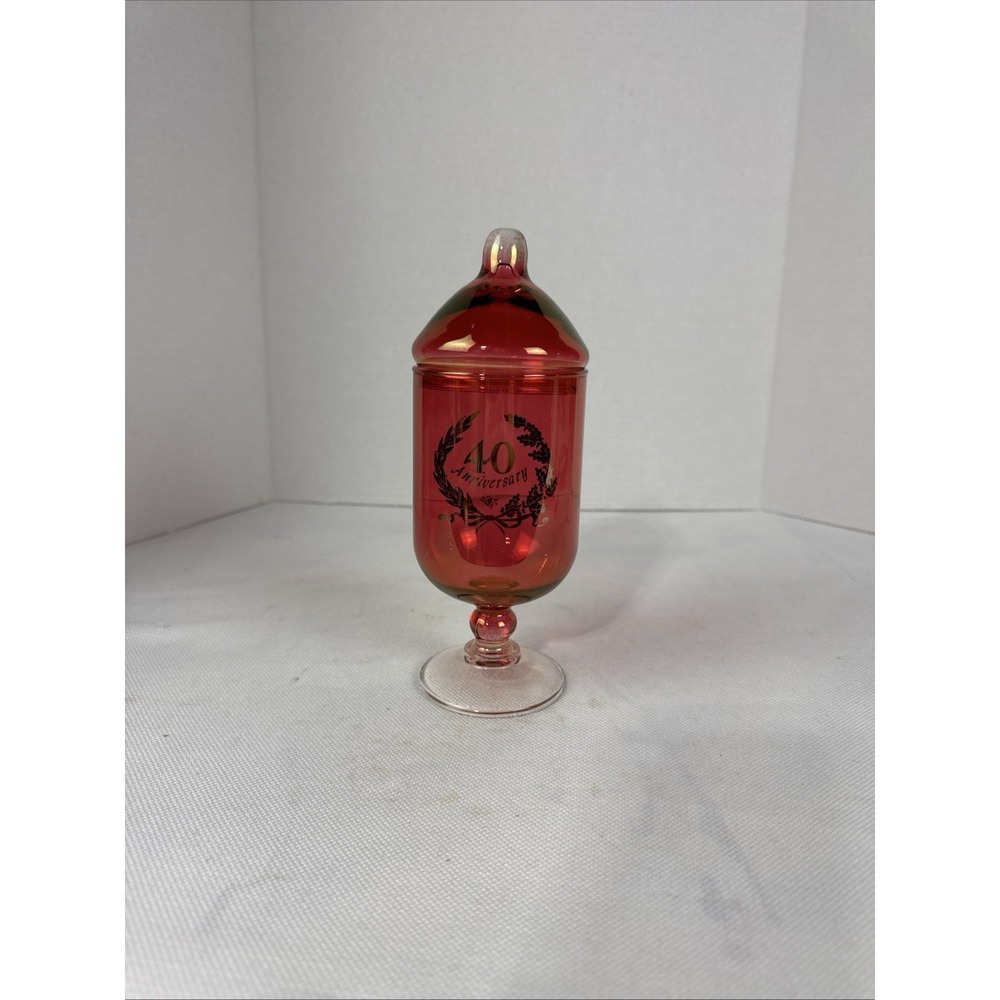 Vintage Cranberry Flash Painted‎ Glass Apothecary Jar with Lid 40th Anniversary